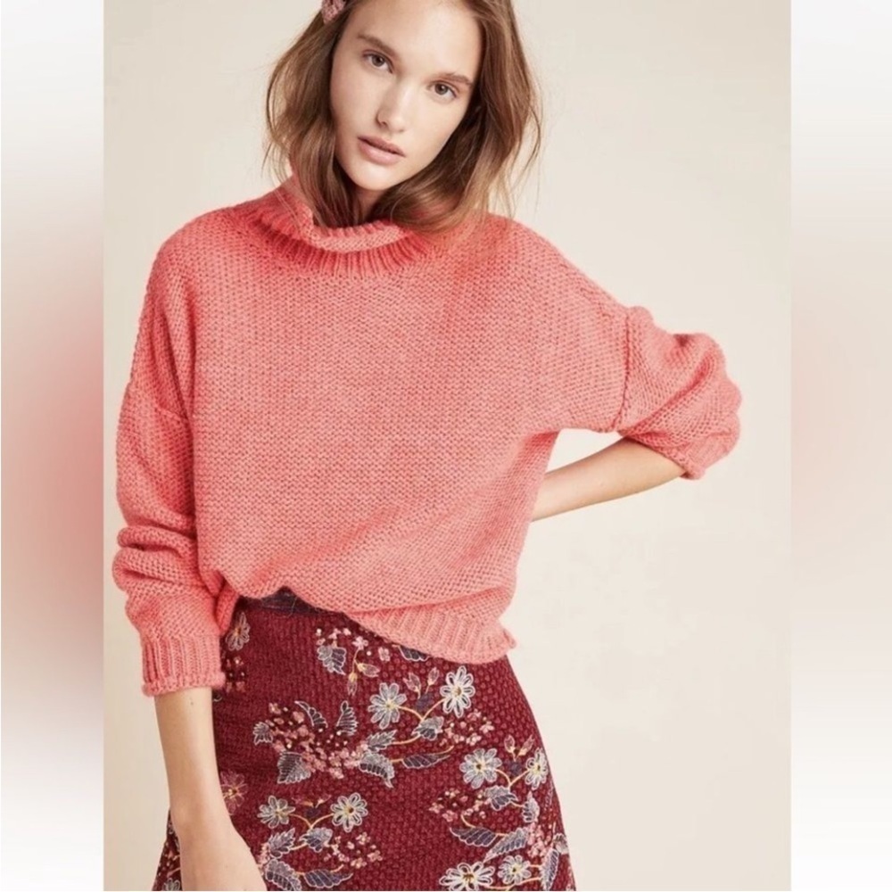 Anthropologie Lottie Turtleneck Chunky Knit Pullover Sweater Coral Pink Size XS